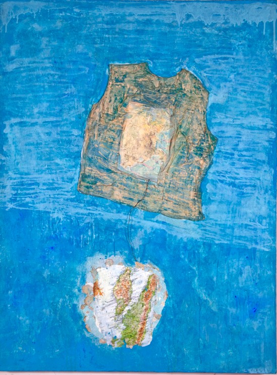 Mary Mountcastle Eubank Flotation Devices, Drifting, acrylic on canvas with mixed media, 48” x 36”