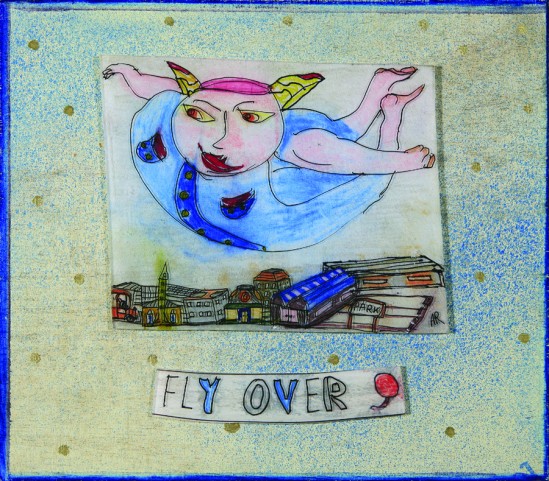 Andrew Romanoff - Fly Over - shrink art on wood panel