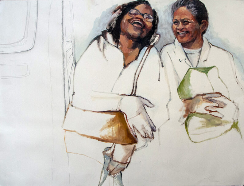 Victoria Hamlin-Bev and Rhonda on the Subway-oil and graphite on paper