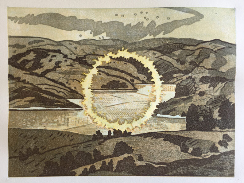 Donna Westerman,  Ring of Fire at Briones, woodcut, multiple block reduction, 9 x 12 in, 2020