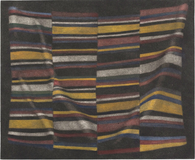 Holly Downing, Importing Wisdom: Tibetan Bangdian, mezzotint, hand-colored, 11 x 13 ½ in, 2018