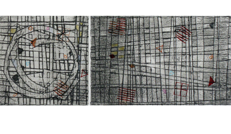 Jami Taback, Wayfinding 2, diptych, collagraph, letterpress, handmade paper, 18 x 12 in, 2020