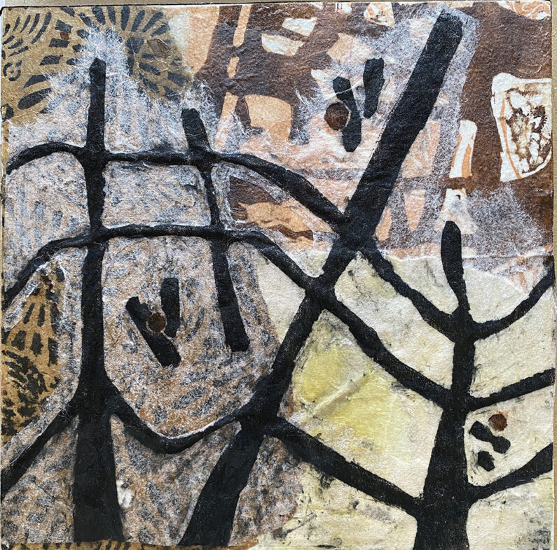 Janis O'Driscoll,  Which Way? Which Way? relief, eco print, collage, tinted wax on wood panel, 8 x 8 in, 2021