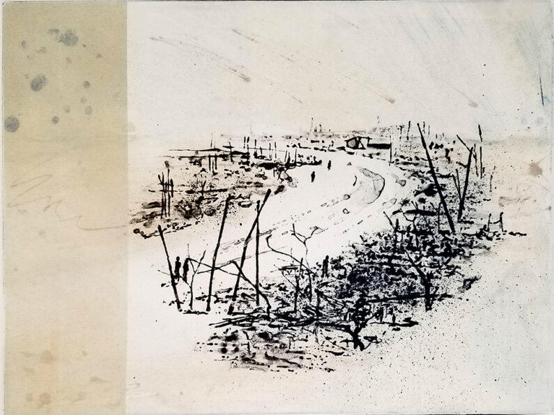 Linda Yoshizawa, Mecha Kucha, solarplate etching, collage, 6 x 8 in, 2018