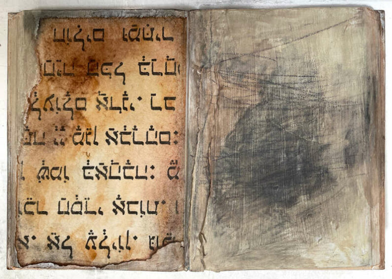 Zea Morvitz - Abandoned Prayer Book No 3 - Mixed Media on discarded book, 10in H x 13in W x 1in D