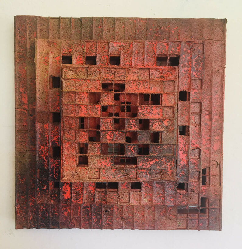 Will Thoms- Ablaze - wiremesh, wood, paper, acrylic paint, 10inX10inX3in
