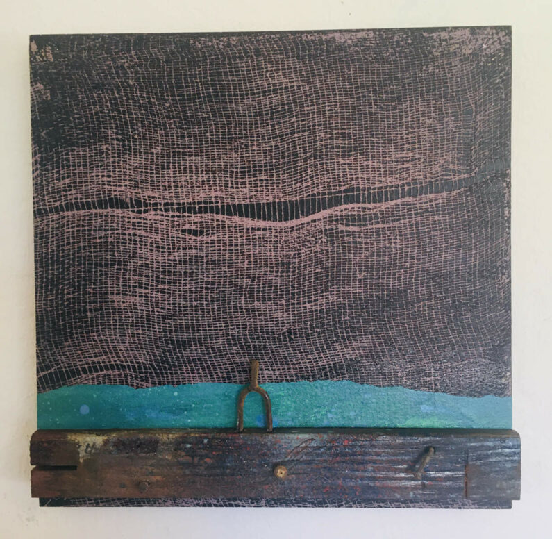Will Thoms - Castoff - paper collage, wood lath, screw, nails, found metal on panel, 10inX10inX2in