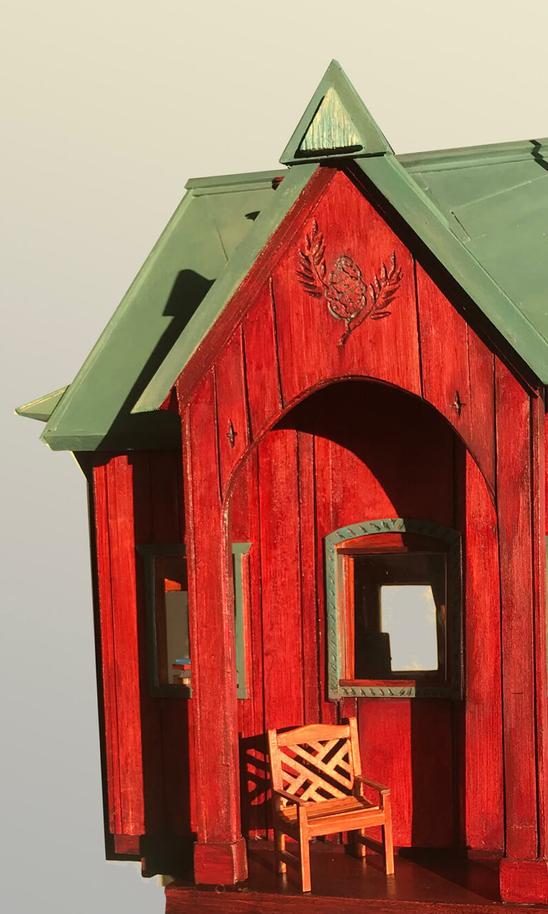 Kristin Lindseth - l Redwood House, detail - wood, metal, porcelain, fabric, lights, music - 71 x 21 x 23 ins