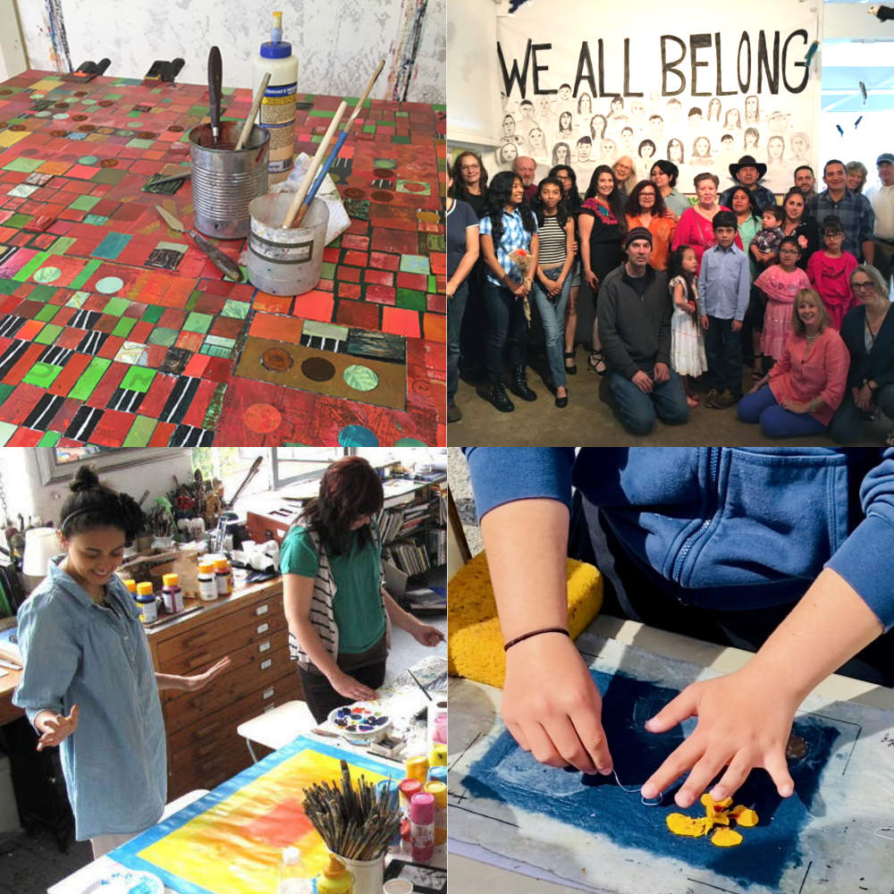 Grid of images showing artists and artwork from adults and children in a variety of studios