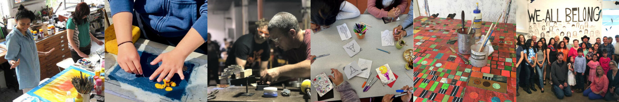 Grid of images showing artists and artwork from adults and children in a variety of studios