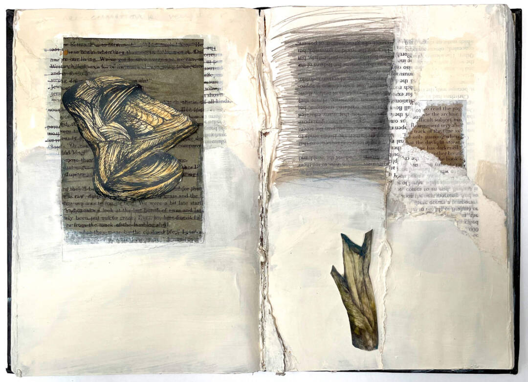 Zea Morvitz - Archaic - mixed media on book - 9.5x12.25