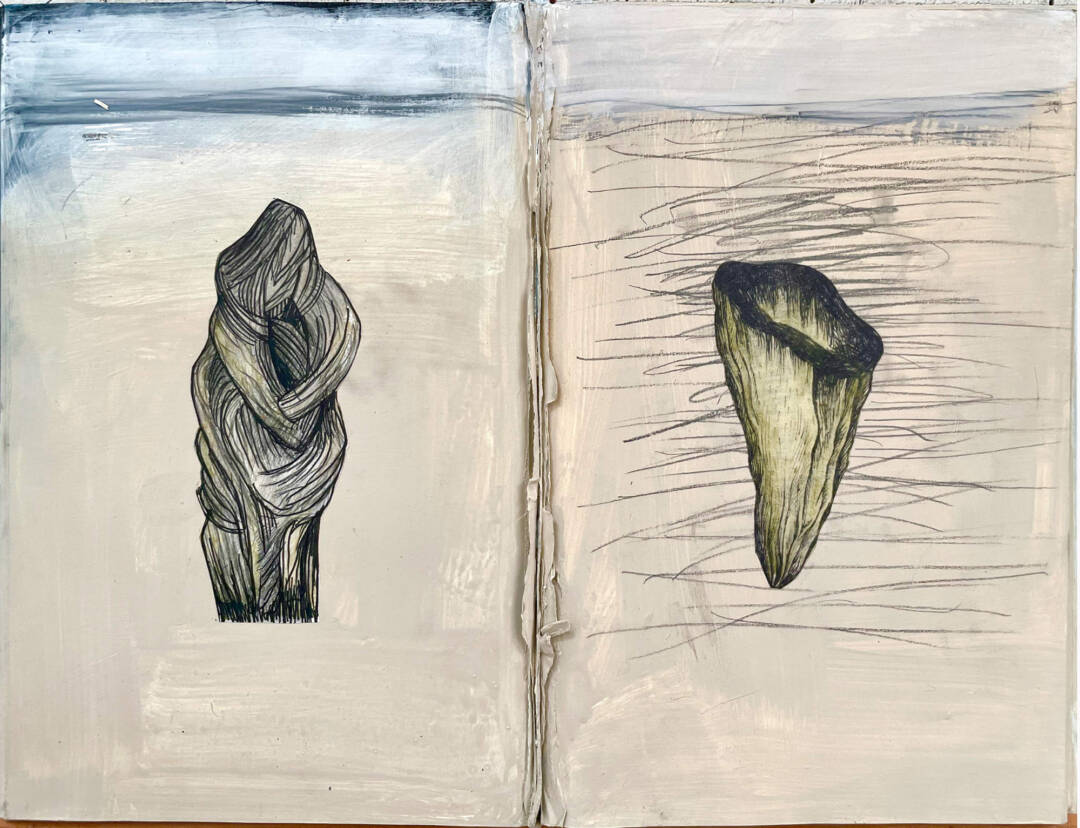 Zea Morvitz - On the Sand - mixed media on altered book - 9.5x13.25