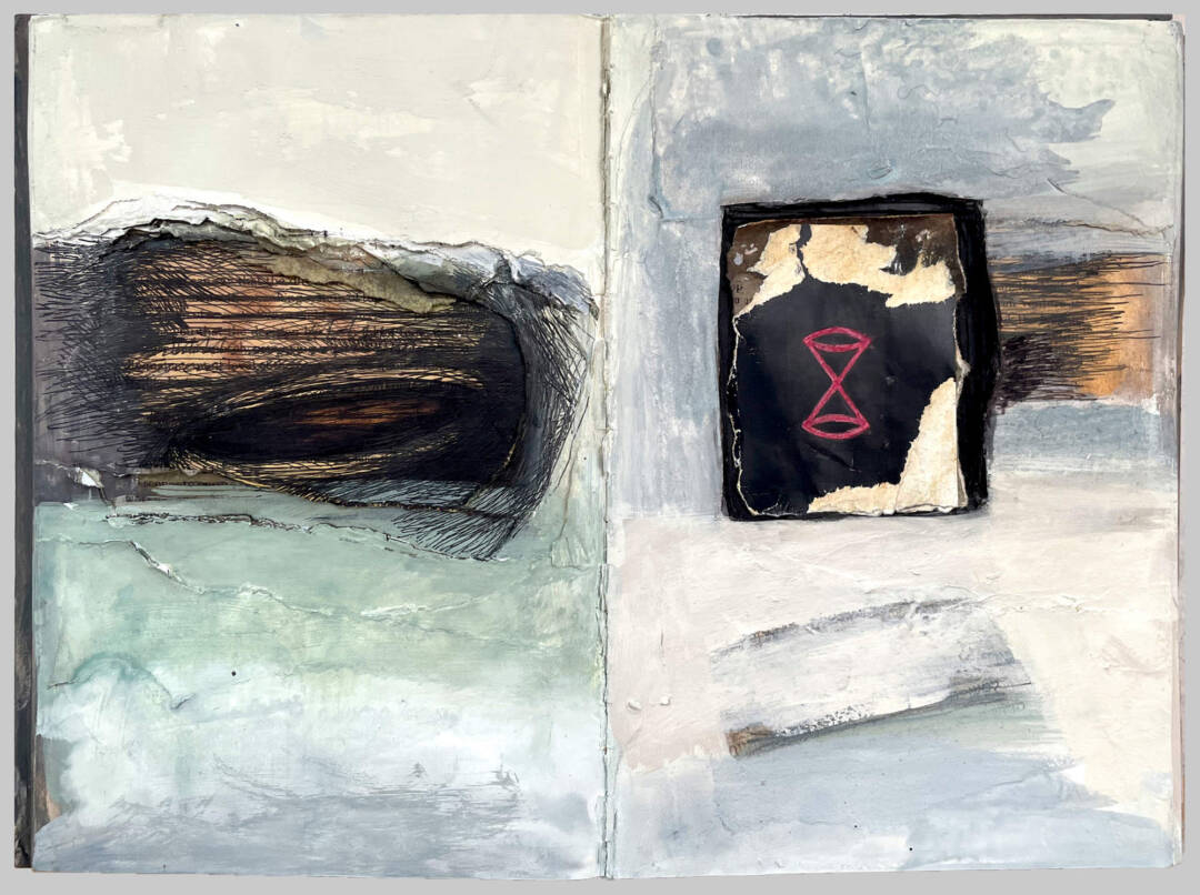 Zea Morvitz - Red Hourglass - mixed media on altered book - 9.5x13.125