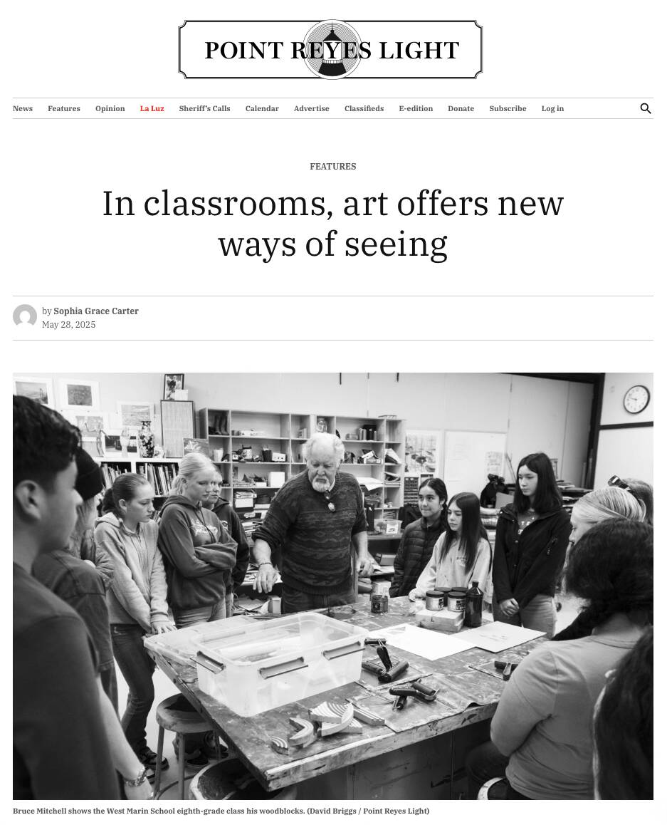 Bruce Mitchell shows the West Marin School eighth-grade class his woodblocks.