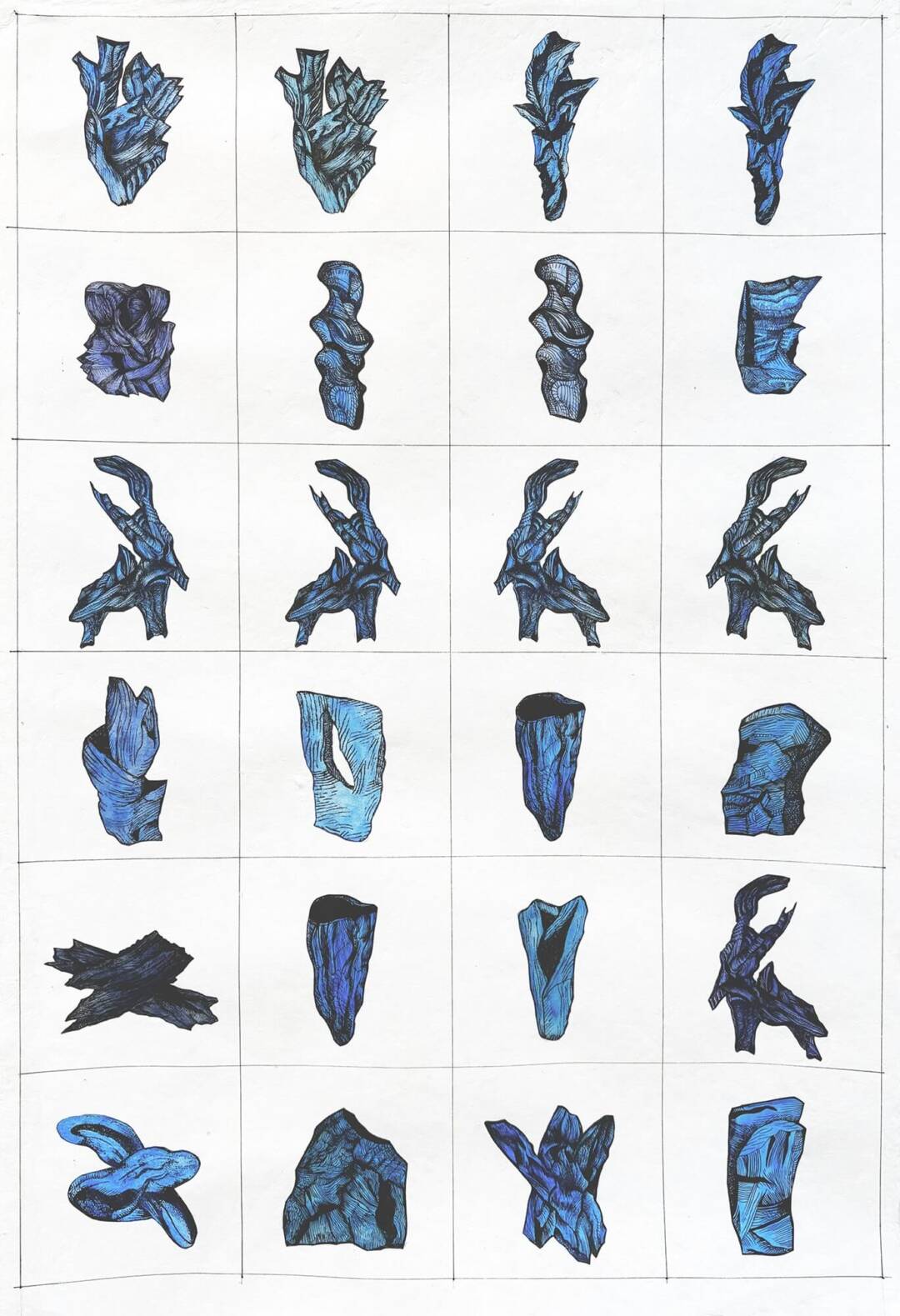 Zea Morvitz - All Blue Grid - collage with ink and watercolor - 32in x 21in